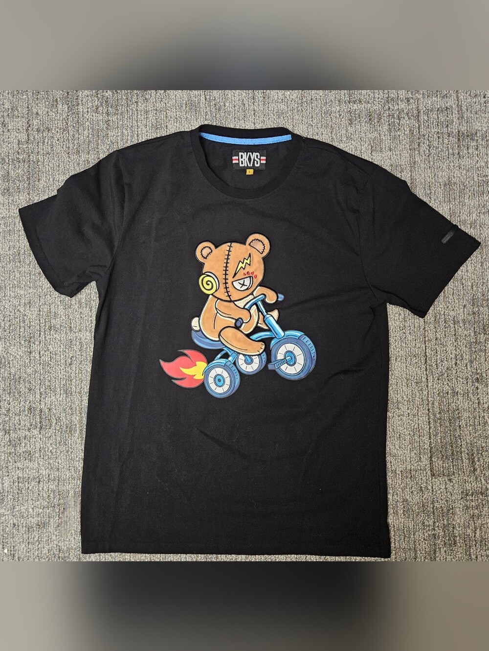 BKYS Black Tee with Teddy on Tricycle Graphic